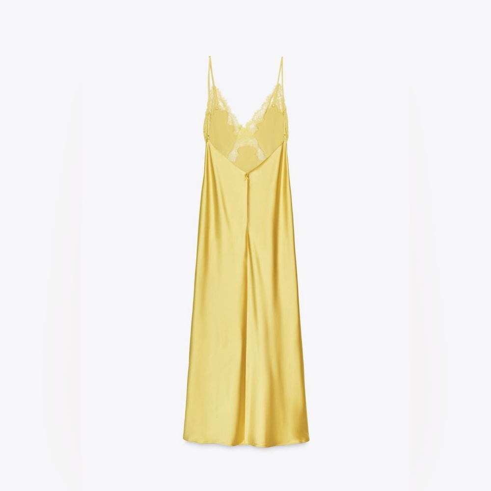 ZARA Yellow Satin Midi Slip Dress with Lace, New Medium - Picture 8 of 17
